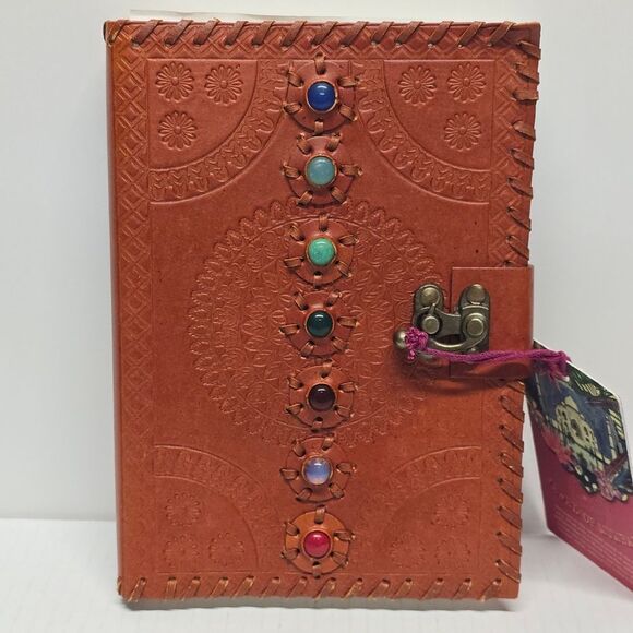 7 Chakra Stone Handmade Cognac Brown Leather Journal Diary College Book Sketch - Picture 1 of 8